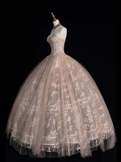 Robe de bal bustier champagne sans manches avec application en tulle, longue robe de quinceañera, tenue d'anniversaire pour les 15 et 16 ans N1076