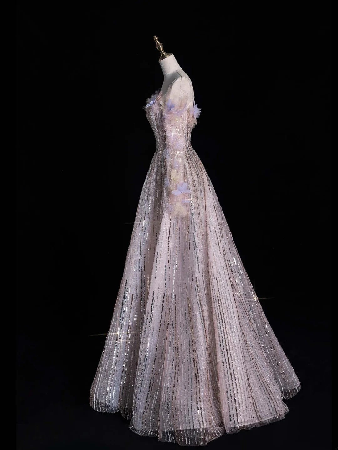 Robe de soirée longue de bal de style princesse, épaules dénudées, à sequins, référence N741