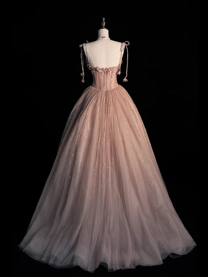 Robe de bal longue rose en tulle à fines bretelles - Inspiration robes de soirée - Robe de cérémonie N1221