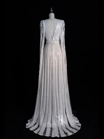 Modest A Line V Neck White Sequin With Long Sleeves Cape Prom Dresses Evening Party Formal Gown 17th Birthday Outfits AB811