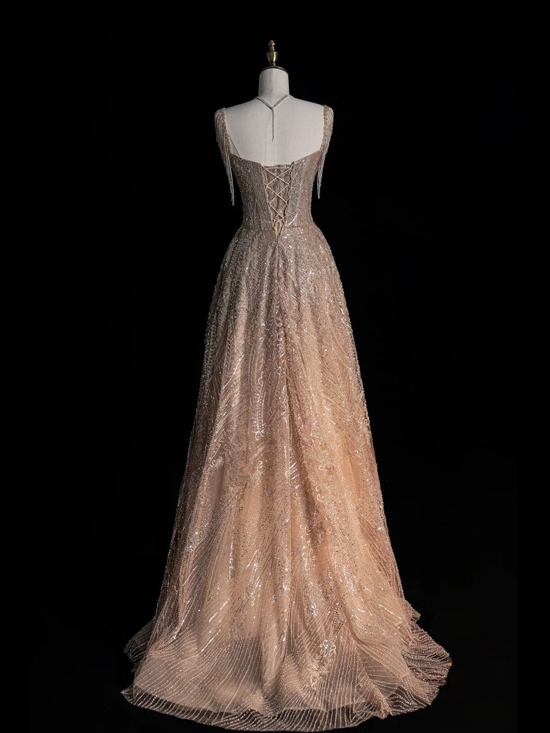 Magnifique robe de bal longue à sequins champagne, col carré, inspiration robes de soirée, robe de cérémonie N1226