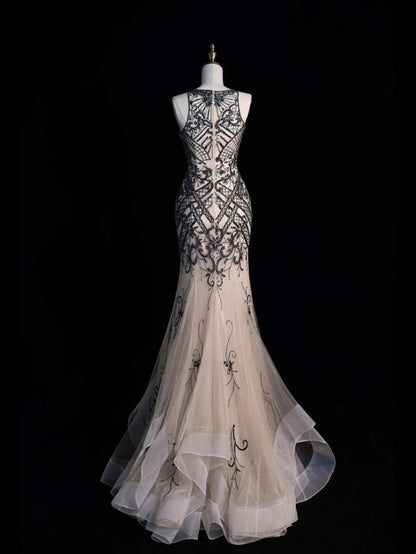Robe de bal longue sirène vintage en tulle champagne à col bijou N1350