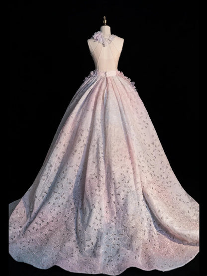 Robe de bal modeste rose à dos nu et imprimé floral, idéale pour une soirée étudiante ou un bal de fin d'année (N1216)
