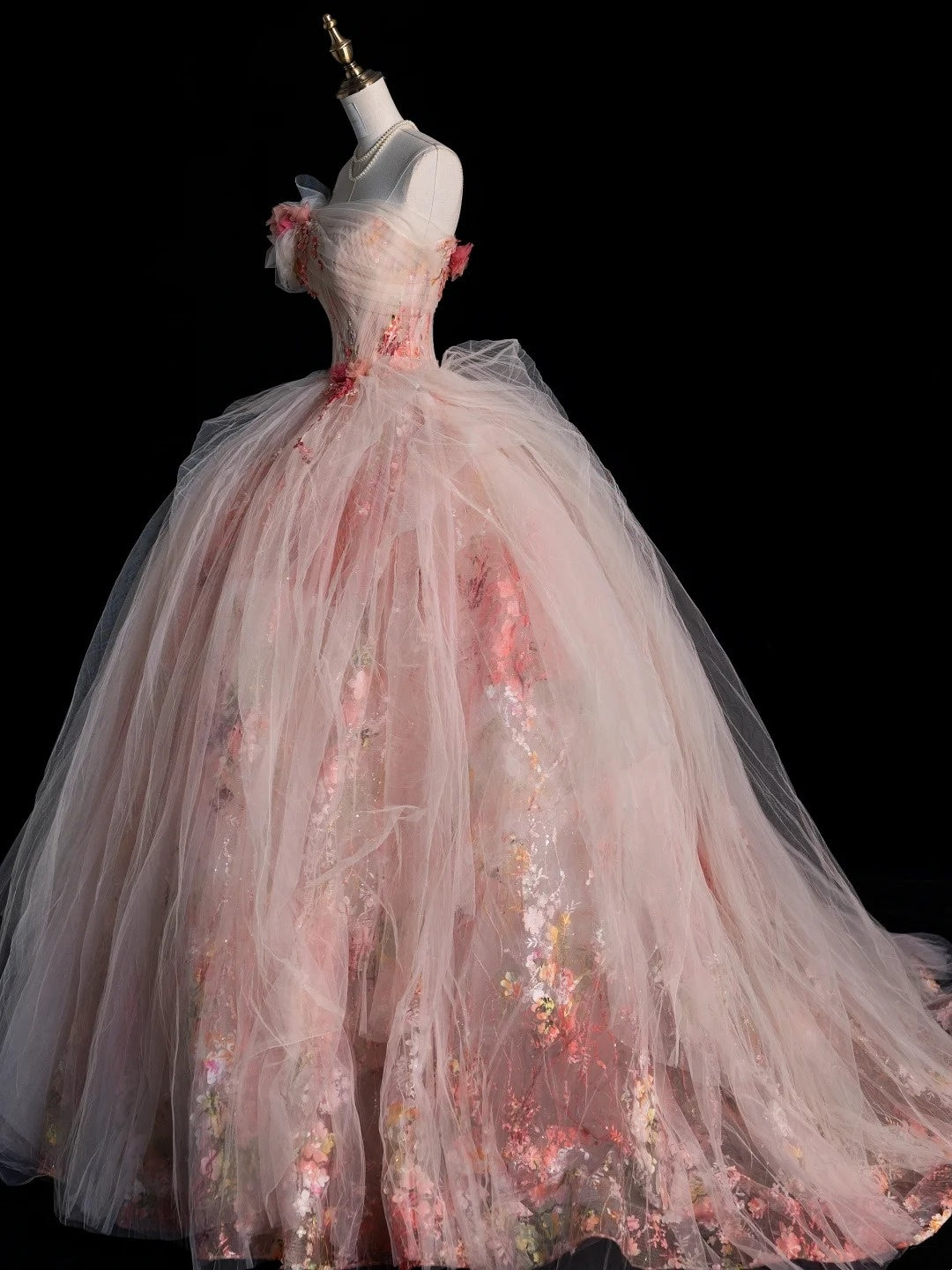 Robe de bal modeste sans bretelles en tulle rose à fleurs, inspiration robes de soirée, robe de princesse formelle N756