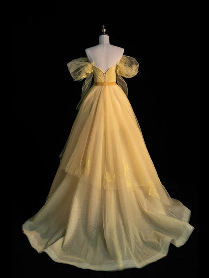 Robe de bal modeste à épaules dénudées en tulle jaune, tenue de soirée pour jeunes filles de 16 ans, manches longues, modèle N1169