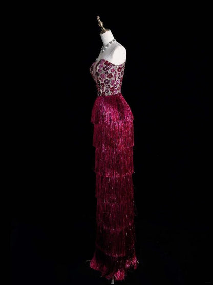 Robe de bal longue fourreau rose à sequins et pompons, sans bretelles, élégante et raffinée (N1073)