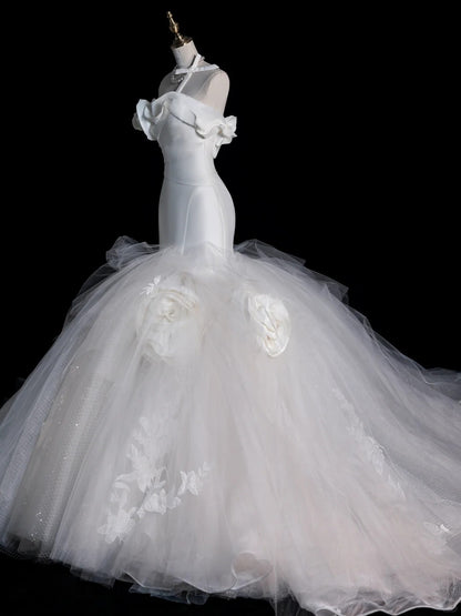Dreamy Mermaid Sweetheart Satin White With Corset Fitted Brides Gown Bridal Dress Style Long Wedding Dresses RB6570