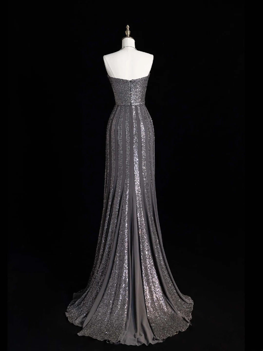 Robe de bal de fin d'année sirène sans bretelles à sequins gris argentés scintillants, robe longue de soirée pour lycéennes N1282
