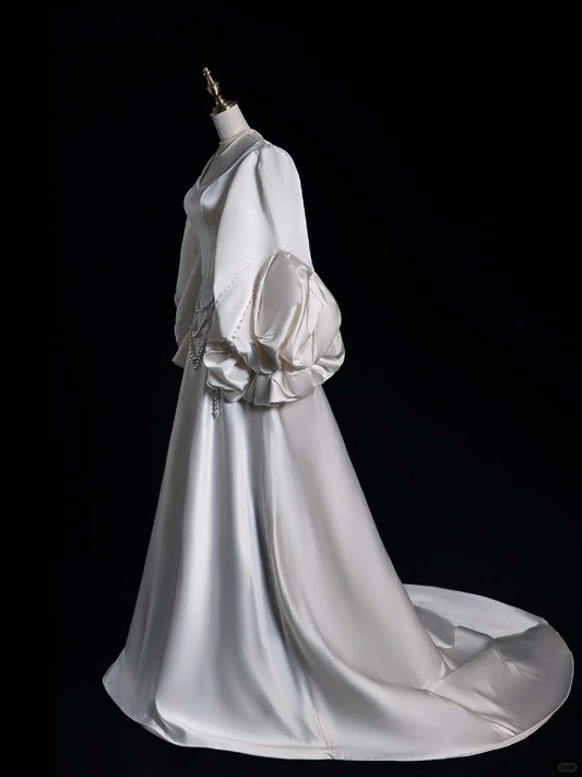 Pretty A line Long Sleeves White With Long Sleeves Satin Brides Gown Bridal Dress Style Long Wedding Dresses RB6567