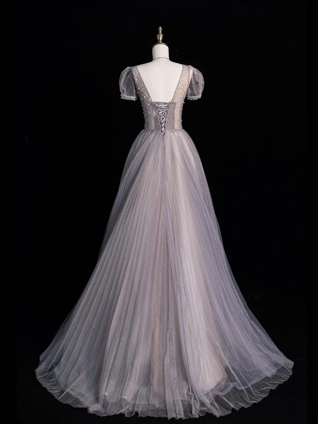 Magnifique robe de bal longue en tulle à col V et manches courtes - Inspiration robes de soirée - Robe de cérémonie N1225