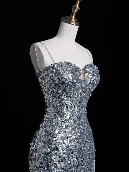 Robe de bal de fin d'année sirène chic à bretelles spaghetti et sequins gris argentés, robe longue de soirée pour lycéennes N1269