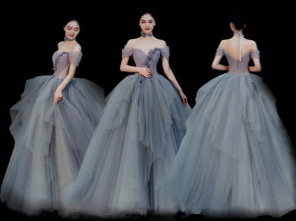 Robe de bal modeste à épaules dénudées en tulle argenté, inspiration robes de soirée, robe de princesse formelle N1280