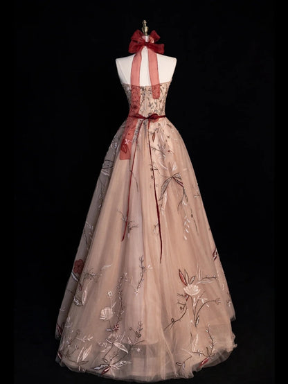 Robe de bal sobre sans bretelles en tulle champagne à fleurs, longue, pour femmes et jeunes filles, N654