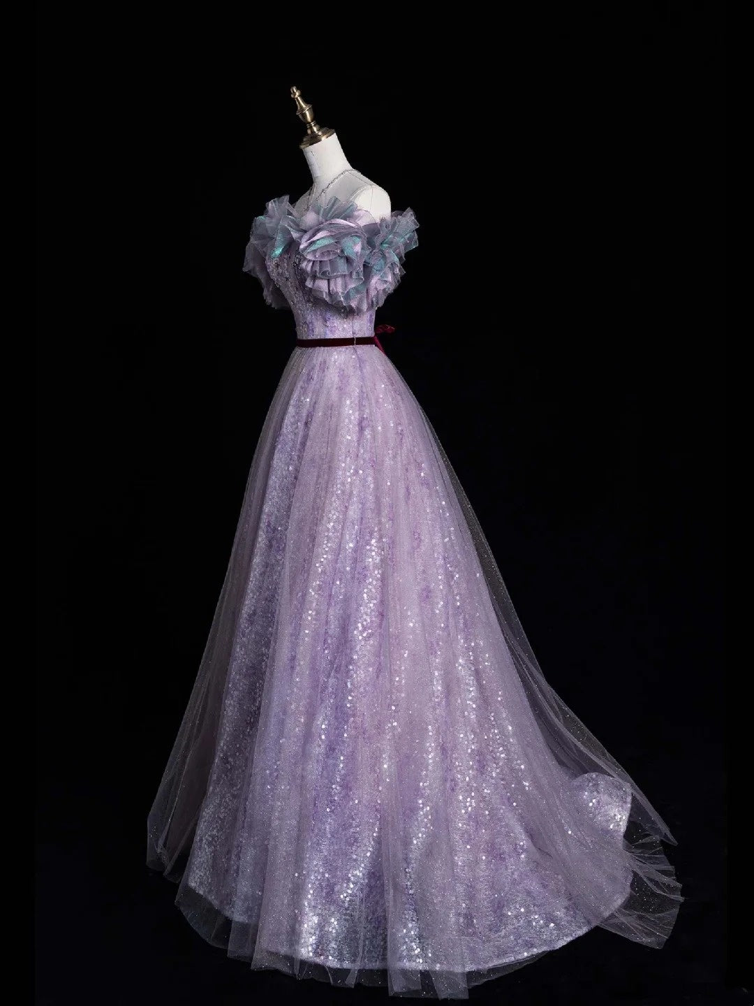Robe de bal élégante à épaules dénudées, en tulle lilas à sequins, longue robe de soirée pour adolescentes, N1089