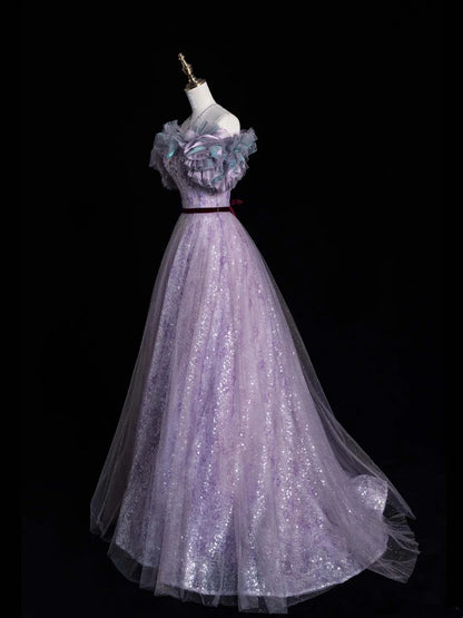 Robe de bal élégante à épaules dénudées, en tulle lilas à sequins, longue robe de soirée pour adolescentes, N1089
