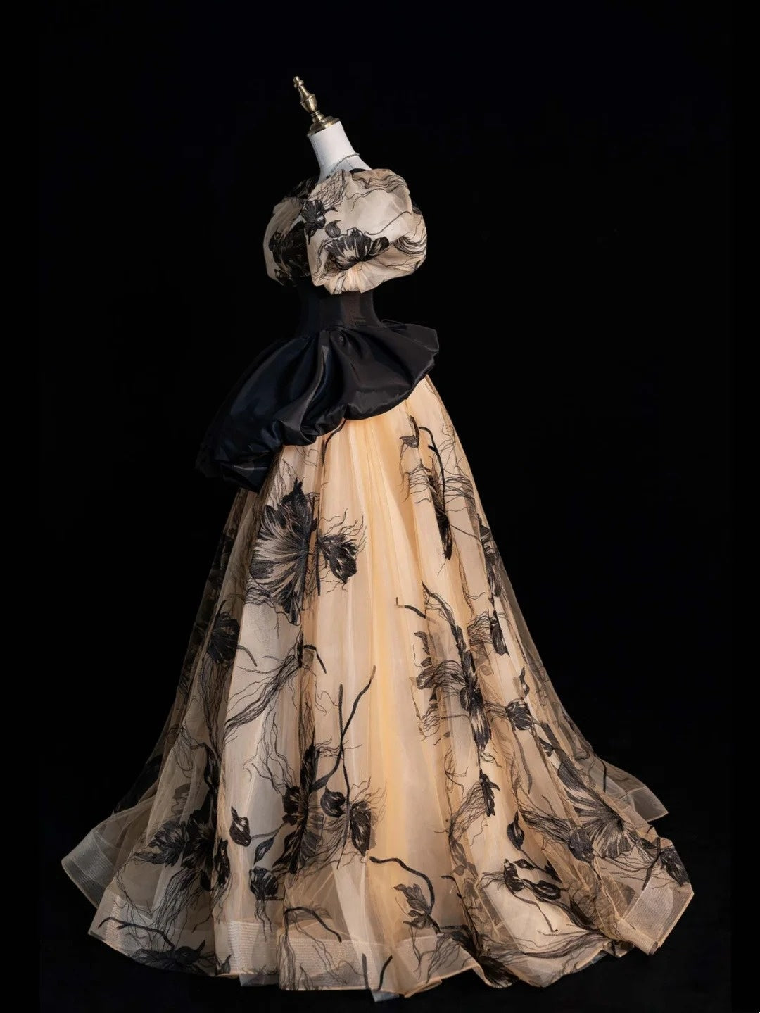 Robe de bal sobre à décolleté cœur et manches courtes bouffantes, noire à fleurs, longue robe de soirée pour femmes et jeunes filles N652
