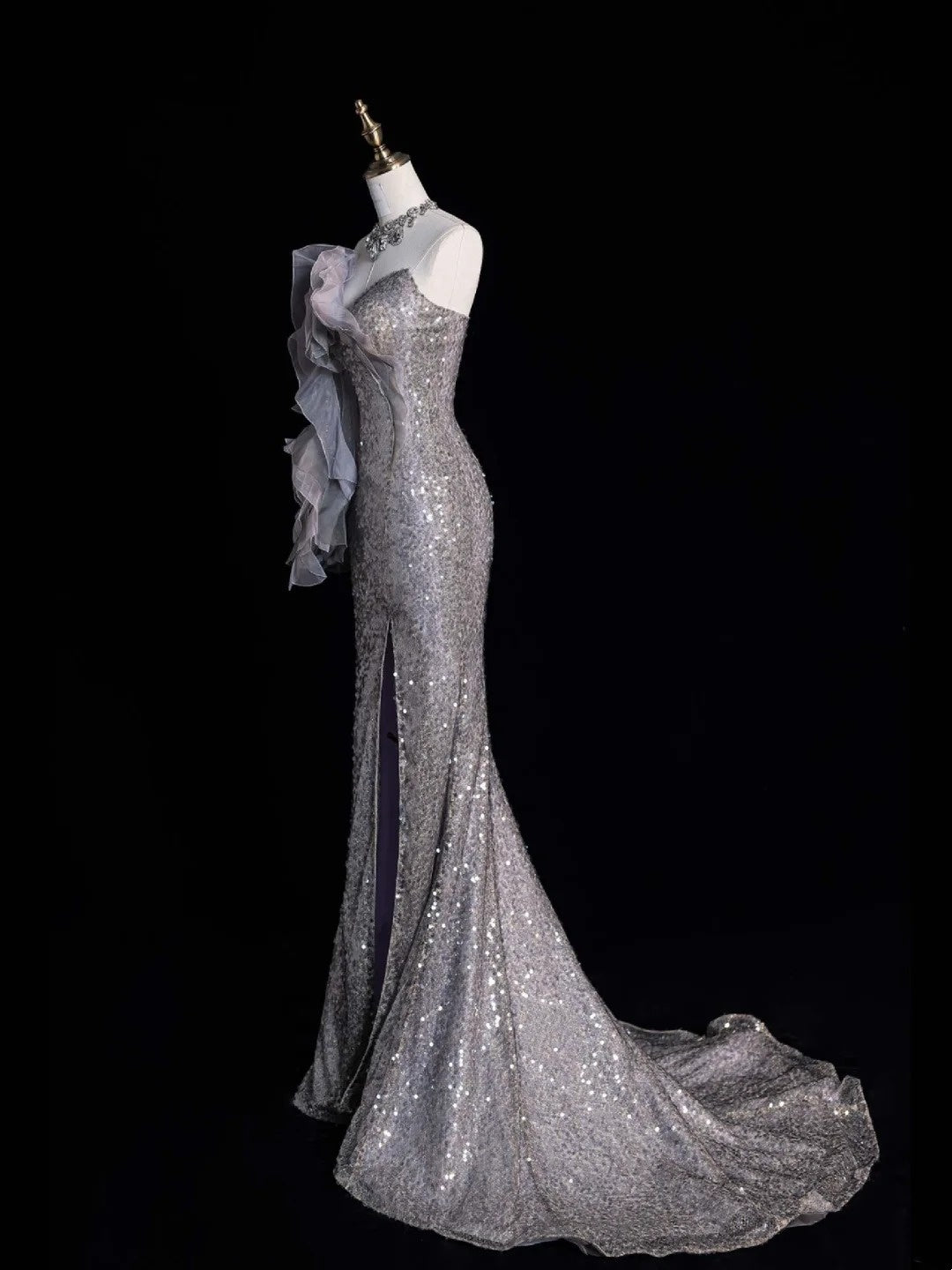 Robe de soirée longue de bal de princesse sirène grise à sequins et fente, décolleté cœur, N743