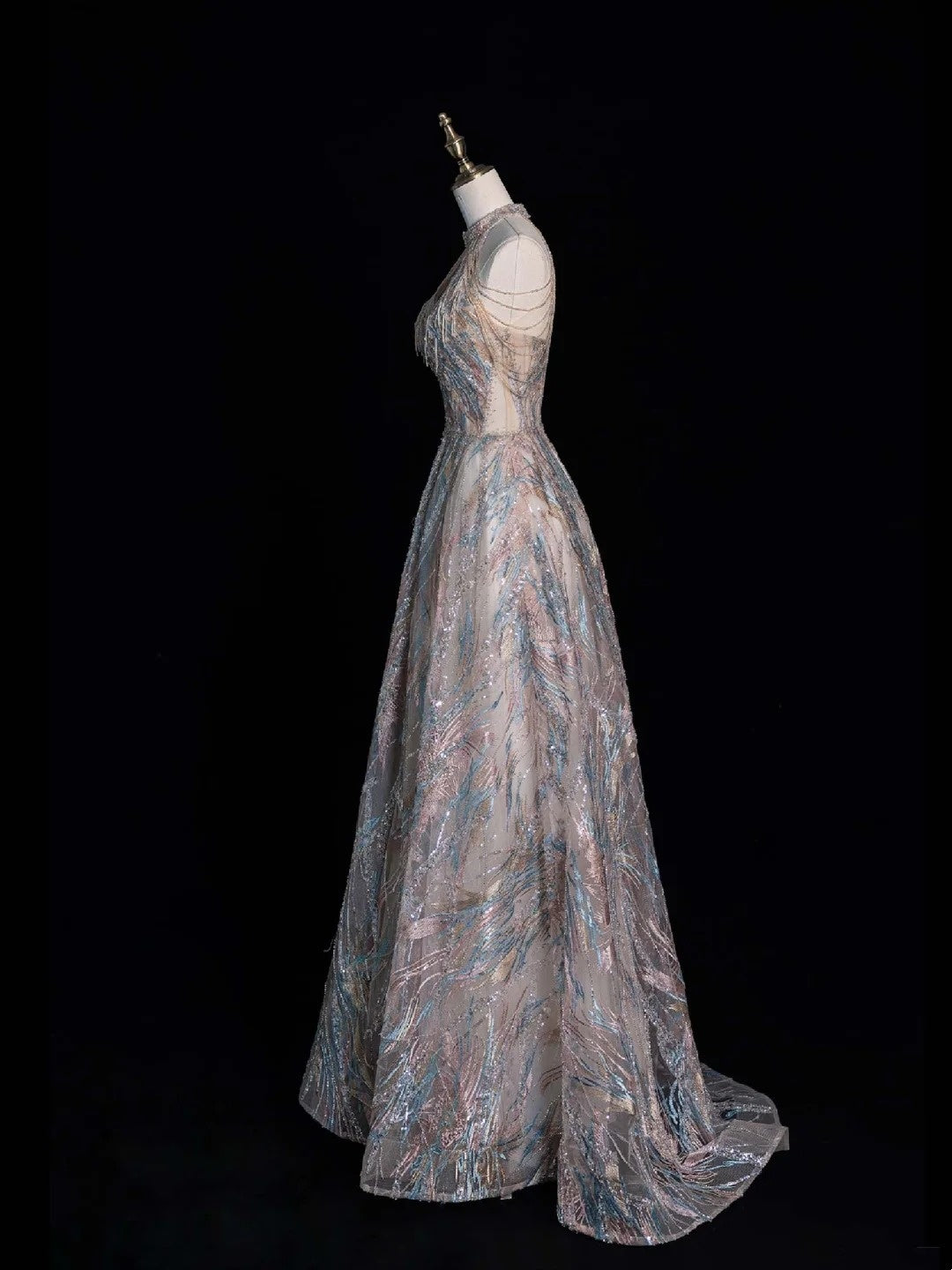 Funkelndes, langes, formelles Abendkleid mit A-Linien-Ausschnitt und Pailletten, langes Ballkleid N746