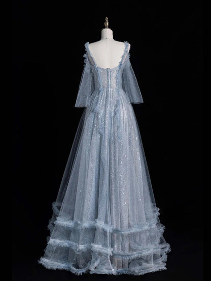 Robe de bal longue en tulle bleu à fines bretelles - Inspiration robes de soirée - Robe de cérémonie N1223
