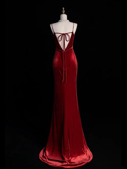 Elegantes, ärmelloses, langes Meerjungfrauen-Abendkleid aus burgunderrotem Samt mit Spaghettiträgern für Damen und Mädchen (Modell N679)