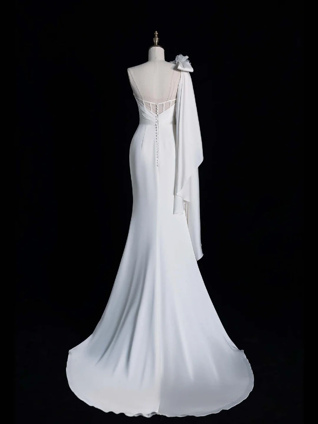 Pretty Mermaid One Shoulder White Satin With Buttons Long Brides Gown Bridal Dress Wedding Dresses Style RB6553