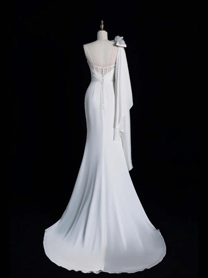 Pretty Mermaid One Shoulder White Satin With Buttons Long Brides Gown Bridal Dress Wedding Dresses Style RB6553