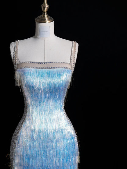 Robe de bal longue bleue à fines bretelles et paillettes, style sirène, inspiration pour un 18e anniversaire, robe de soirée N487