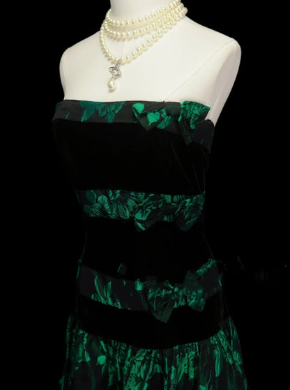Unique A Line Strapless Dark Green Floral Satin Y2K Inspo 2000s Hoco Gowns Inspo Homecoming Dresses N1383