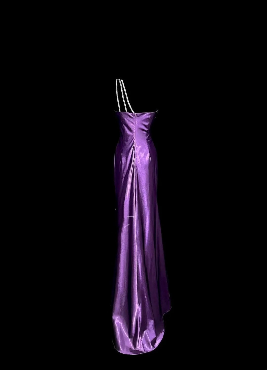 Bescheidene Abschlussballkleider Meerjungfrau One Shoulder Lila Satin mit Rüschen Lange Abendgarderobe N3432