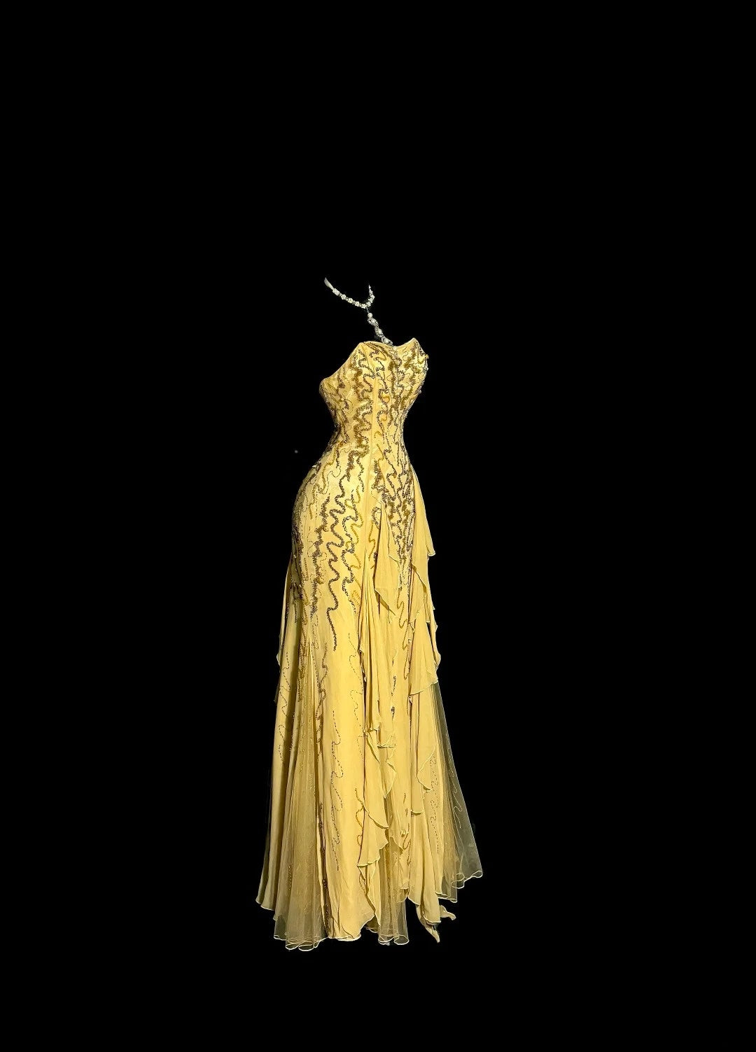 Bescheidene Ballkleider Meerjungfrau Trägerlos Gold Chiffon Mit Perlenbesatz Langes Formelles Abendkleid N3863