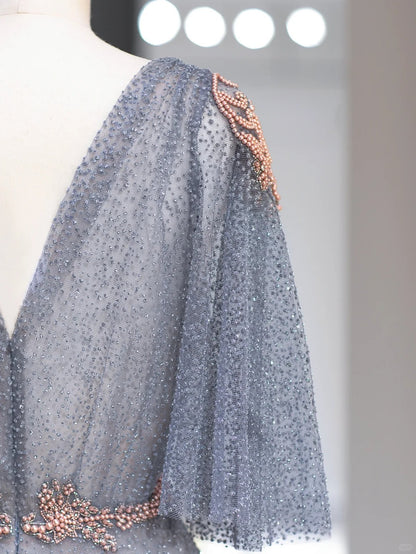Robe de bal col en V tulle bleu poudré sans manches avec perles Robes de soirée Tenues de cérémonie RB3983