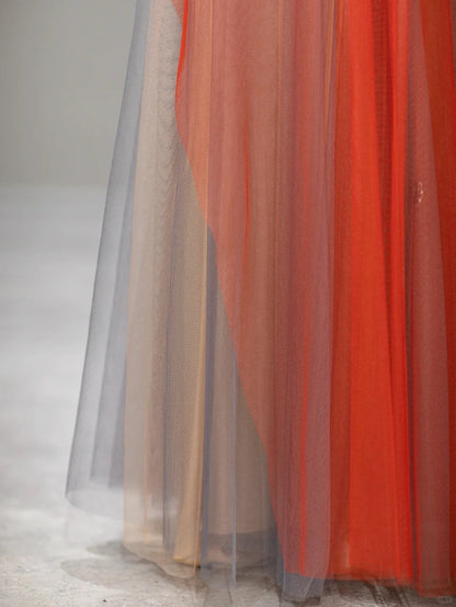 Élégante Robe de Bal Longue Droite Col Montant en Tulle Orange avec Perles Florales Idées Tenues de Soirée RB3998