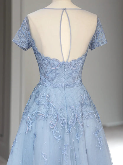 Élégante Robe de Bal Longue Bleu Clair en Tulle Coupe Trapèze avec Appliqués Inspo Tenues de Soirée RB3997