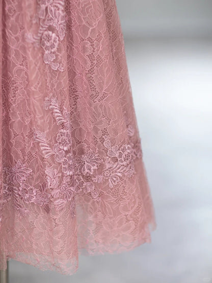 Élégante Robe de Bal Rose Coupe A, Col Rond, Manches Longues, Longueur Thé, Inspiration Tenues de Soirée RB4002