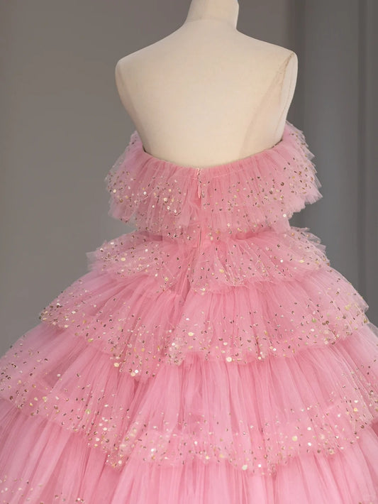 Robes de bal de princesse Robe de bal sans bretelles en tulle rose pour les 16 ans Robe de soirée longue formelle RB4006