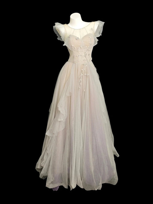 Prinzessin Abschlussballkleider Festliche A-Linie Rundhals Lila Tüll Lange Partykleider N4530