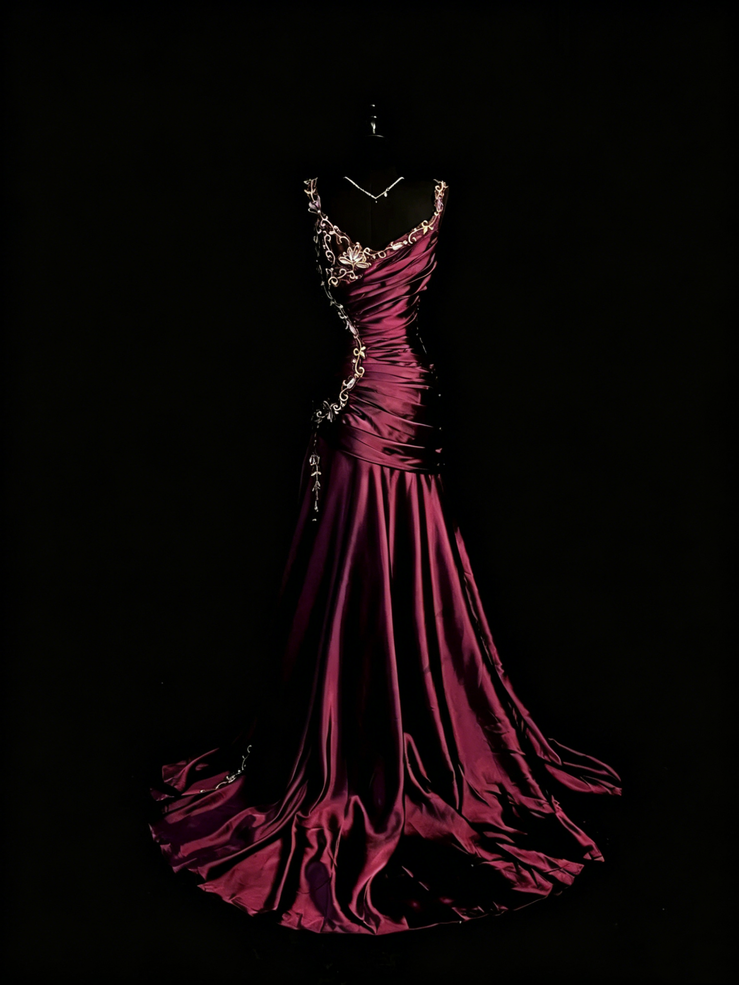 Elegantes langes Meerjungfrauen-Kleid aus Satin mit Spaghettiträgern und goldenen Applikationen – perfekt für Partys, Abschlussbälle und Hochzeiten (Modell N917)