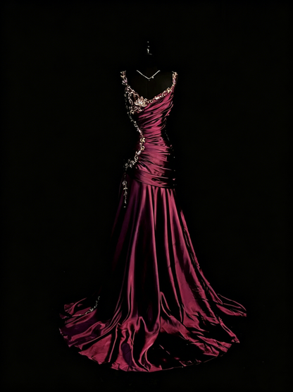Elegantes langes Meerjungfrauen-Kleid aus Satin mit Spaghettiträgern und goldenen Applikationen – perfekt für Partys, Abschlussbälle und Hochzeiten (Modell N917)