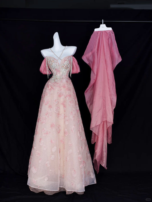 Romantisches A-Linien-Neckholder-Abendkleid aus rosa Pailletten mit Perlenbesatz, lange Ballkleider N2826