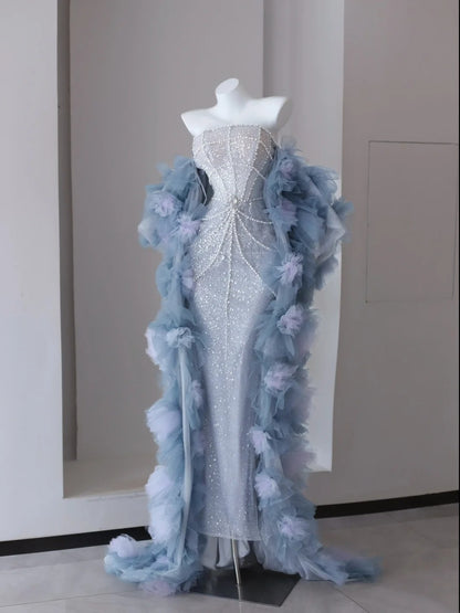 Robes de bal scintillantes sirène sans bretelles bleu ciel pailletées avec perles longue robe de soirée N2921