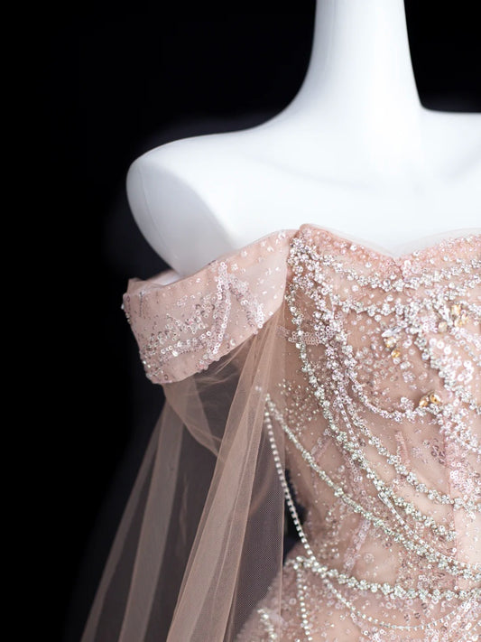 Elegantes A-Linien-Kleid in Altrosa mit Carmen-Ausschnitt und kurzen Ärmeln, Pailletten, Geburtstags-Ballkleid N2828