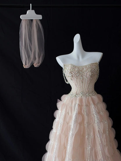 Wunderschöne Abschlussballkleider Ballkleid Sweetheart Tüll Rosé mit Perlen Langes Abendkleid N2925