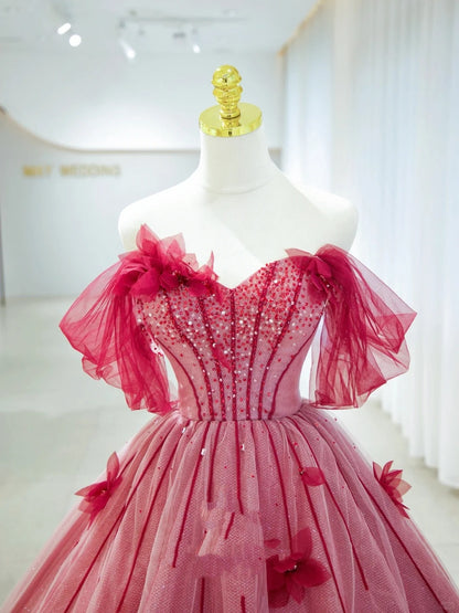 Hübsche Ballkleider Trägerloses Rot Tüll mit Blumen Langes Abendkleid N2937