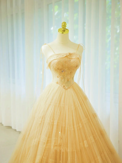 Belles robes de bal pour le bal Robe de bal à fines bretelles en tulle jaune avec perles, longue robe de soirée N2932