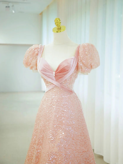 Robe de bal bustier manches courtes rose pailletée longue robe de soirée, robe de bal d'anniversaire N2855