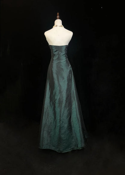 Robes de bal vintage Esthétique années 80 Rétro Coupe trapèze Col cœur Vert foncé Robes de soirée longues N2324