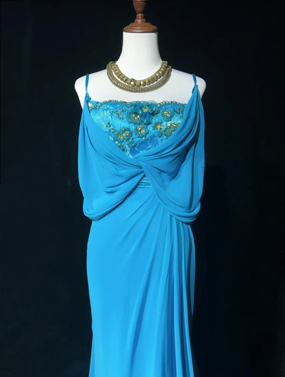 Gothic Glam Meerjungfrauen-Abschlussballkleider mit Spaghettiträgern, blauem Chiffon, ärmellos, mit Perlen, halb-formales Abendkleid N3819