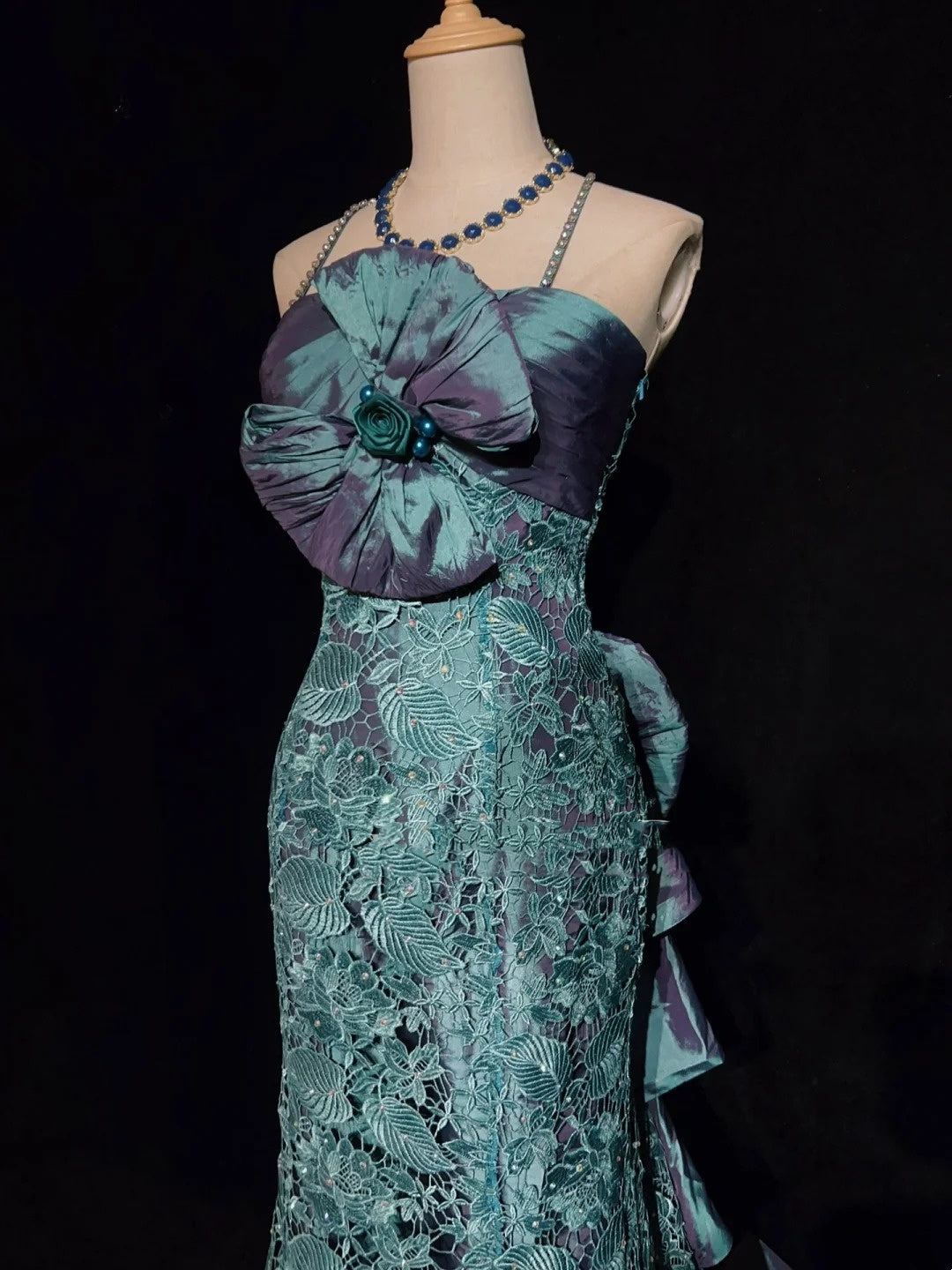 Vintage Prom Dresses Mermaid Spaghetti Strap Lace With Bow-knot 90s Long Formal Gown N2893