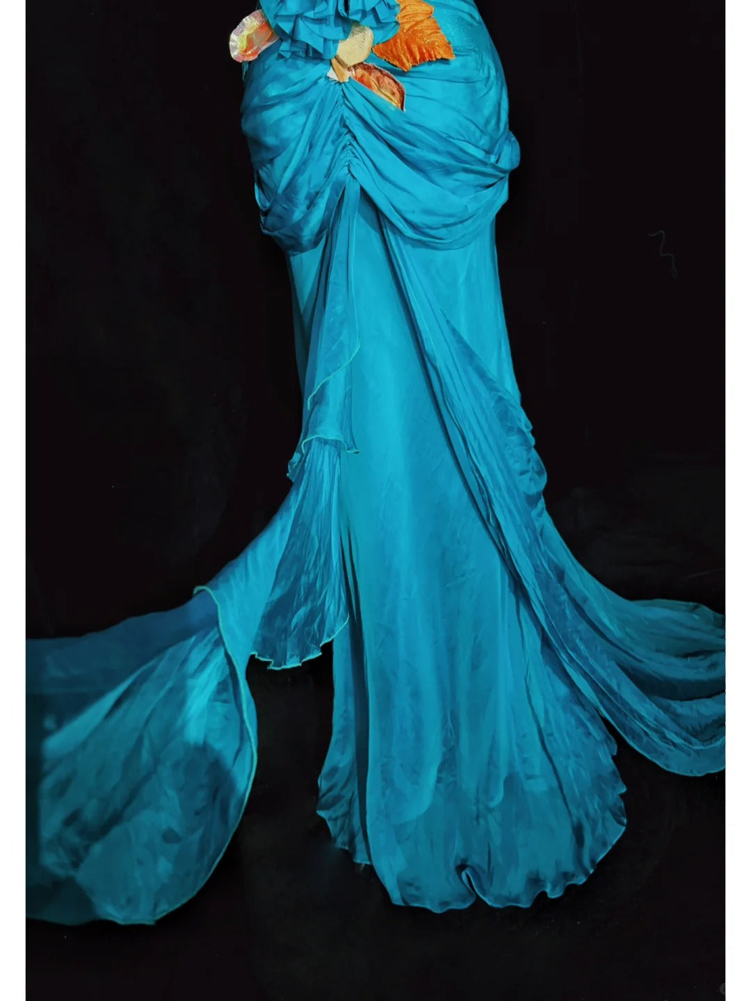 Bescheidene Ballkleider Meerjungfrau Spaghettiträger Blau Chiffon Ärmellos Mit Blatt Formelles Abendkleid N3841