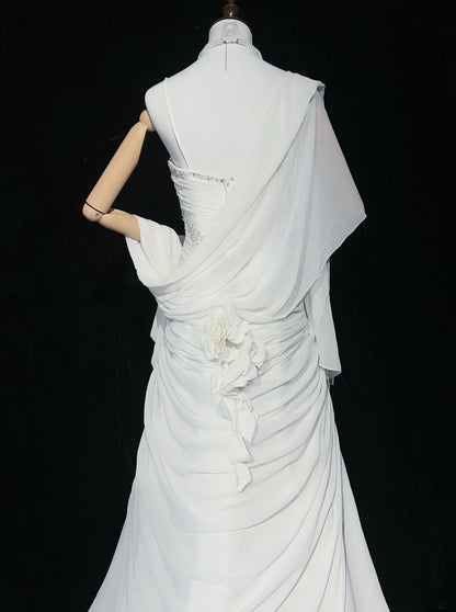 Zeitlose Brautkleider Meerjungfrau Spaghettiträger Weiß Chiffon Mit Schal Langes Brautkleid N3063